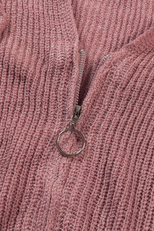 Zipper V-Neck Dropped Sleeve Hooded Solid Sweater